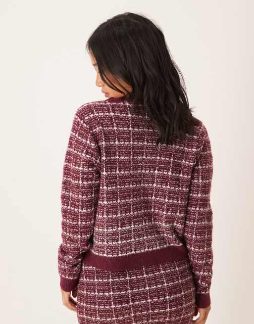 VILA Petite - Bordeauxrød og hvid cardigan i boucle med tern - Del af sæt     , 4 af 4