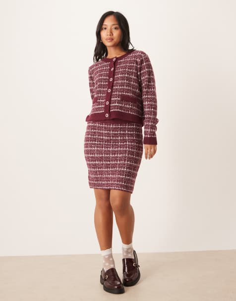 VILA Petite boucle check cardigan and knitted skirt set in burgundy - view 1