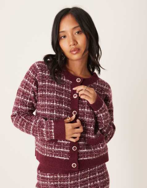 Vila Petite boucle check cardigan co-ord in burgundy and white     