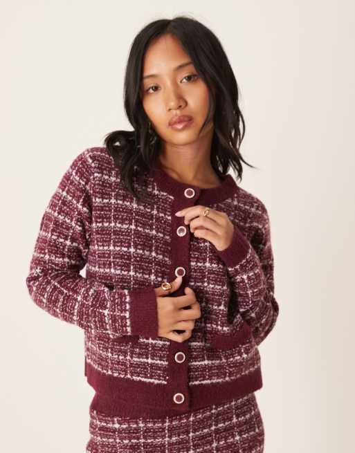 VILA Petite boucle check cardigan in burgundy and white - part of a set     