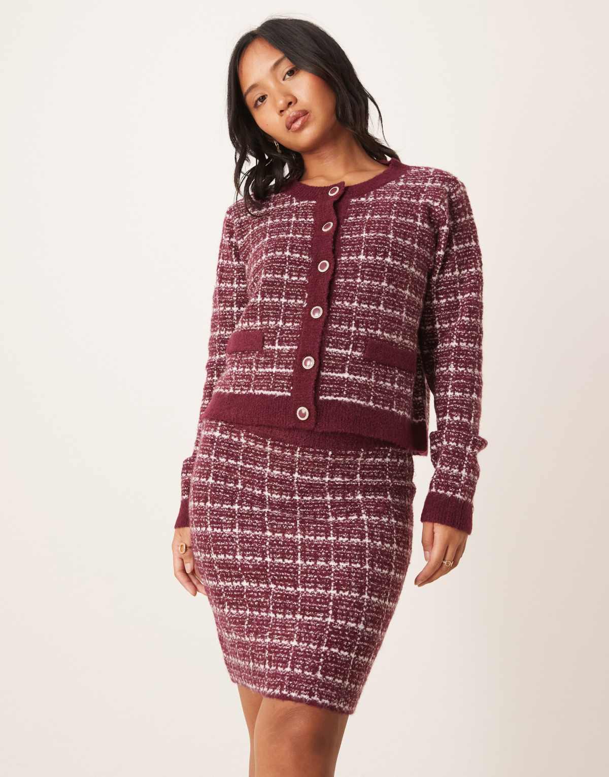 Vila Petite boucle check knitted mini skirt co-ord in burgundy
