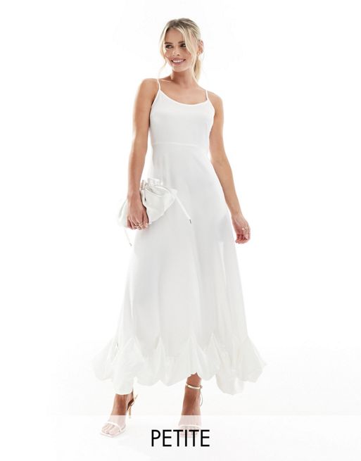 Vila Petite – Brautmode – Maxi-Trägerkleid in Weiß aus Satin mit Nahtdetail am Saum 