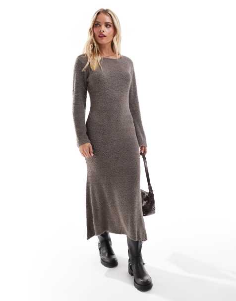 Vila Petite super soft fluffy maxi jumper dress in brown