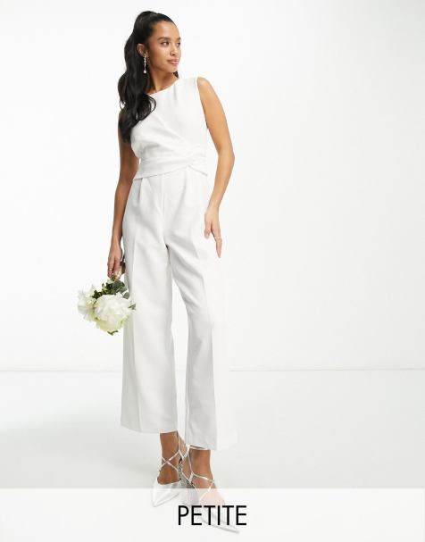 ASOS Bridal Jumpsuit In Bonded Satin With Bow Detail in White