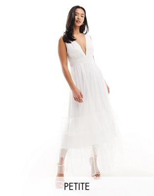 Vila Petite Bridal tulle plunge maxi dress with tiered skirt in white