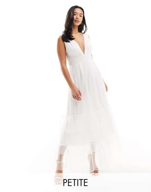 Vila Petite Bridal tulle plunge maxi dress with tiered skirt in white ASOS