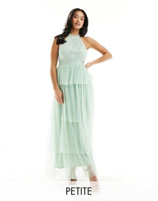 Vila Petite Bridesmaid Halterneck Tulle Midi Dress With Tiered Skirt In Mint Green
