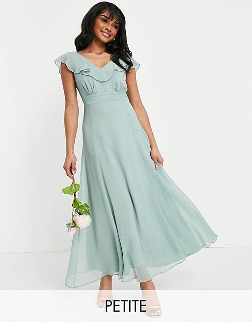 Vila Petite Bridesmaid maxi dress with pleated detail and frill shoulder detail in green