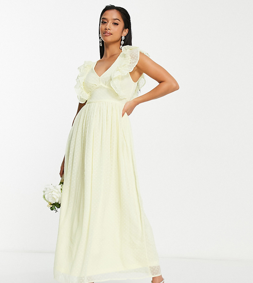 Vila Petite Bridesmaid midi dress with frill detail in textured dobby yellow - YELLOW