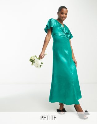 Vila Petite Bridesmaid satin flutter sleeve maxi dress in emerald green