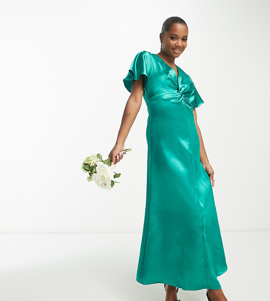 Vila Petite Bridesmaid satin flutter sleeve maxi dress in emerald green