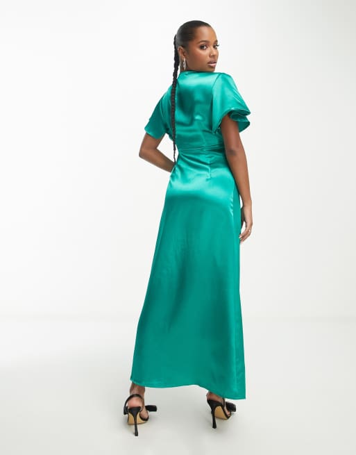 Vila Petite Bridesmaid satin flutter sleeve maxi dress in emerald green