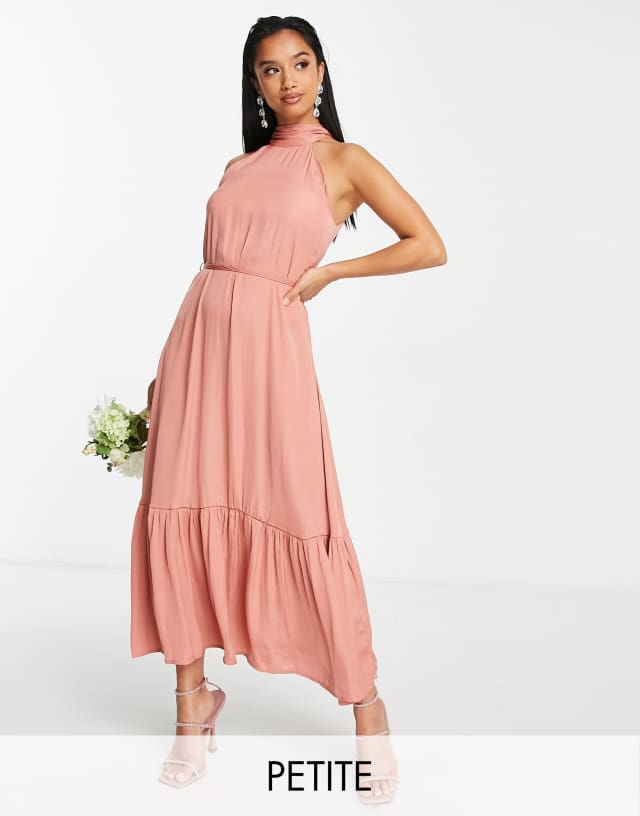 Vila Petite Bridesmaid satin halterneck dress with tie waist in coral pink