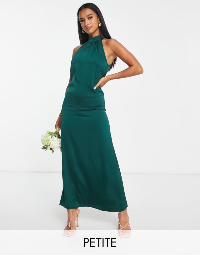 Vila Petite Bridesmaid satin halterneck maxi dress in deep green