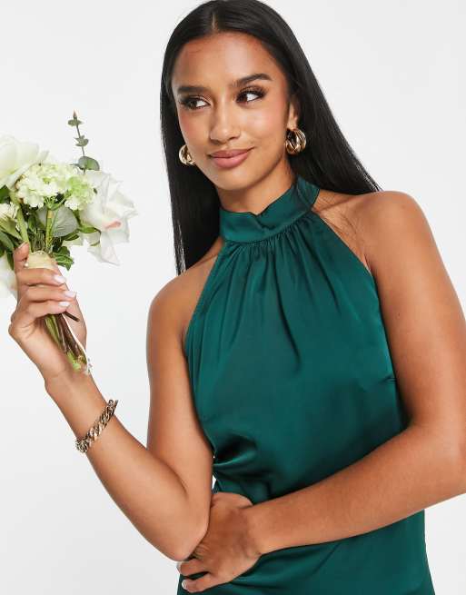 Vila Petite Bridesmaid satin halterneck maxi dress in deep green, 2 of 4