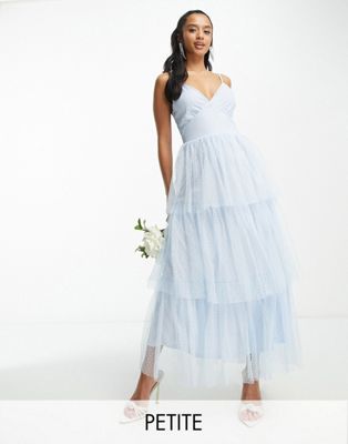 Vila Petite Bridesmaid tulle dobby maxi dress with tiered skirt in blue
