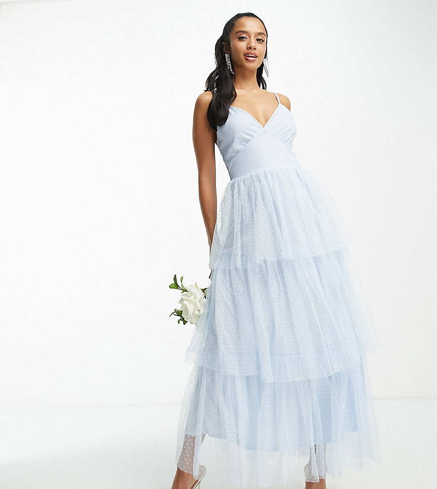 Vila Petite Bridesmaid tulle dobby maxi dress with tiered skirt in blue