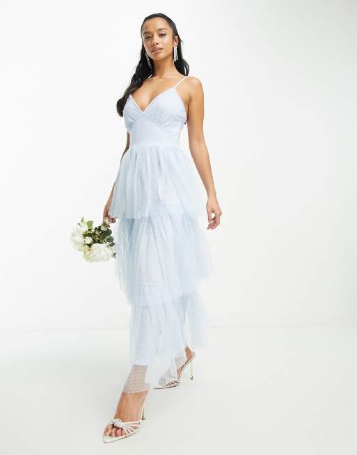 Vila Petite Bridesmaid tulle textured maxi dress with tiered skirt in blue  | ASOS