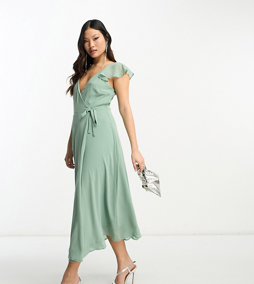 Vila Petite Bridesmaid Wrap Full Skirt Maxi Dress With Flutter Sleeves In Green