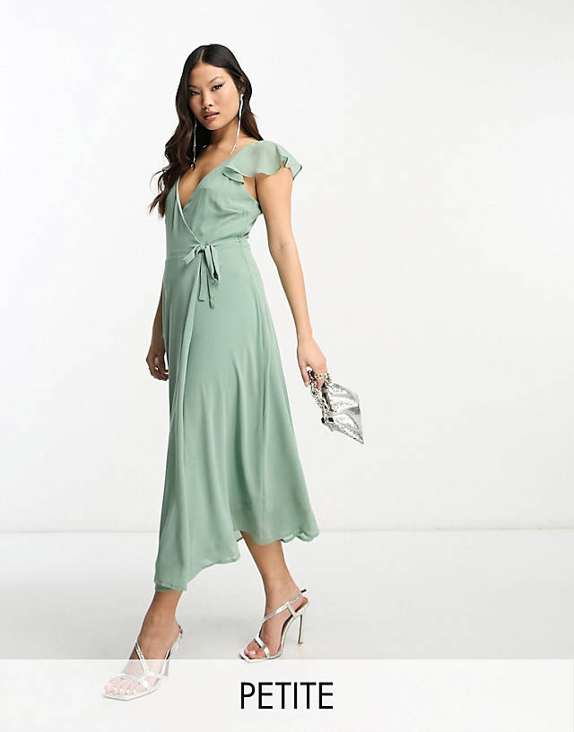Vila Petite Bridesmaid wrap full skirt maxi dress with flutter sleeves in green