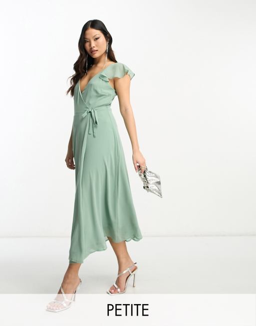 Vila Petite Bridesmaid wrap full skirt maxi dress with flutter sleeves in green