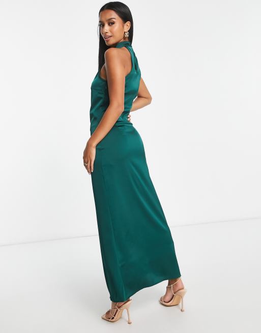 Vila Petite - Brudepiger - Dybgrøn maxikjole med halterneck i satin, 3 af 4