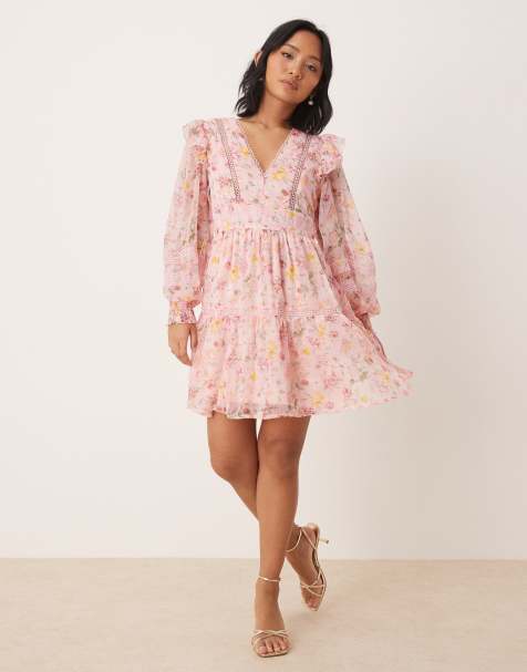 Vila Petite ladder lace frill detail mini dress in peach floral print