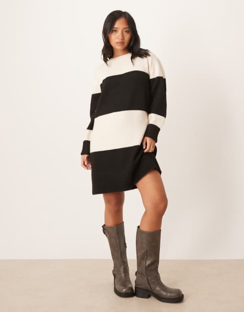 VILA Petite color blocking knit mini dress in black and cream - view 1