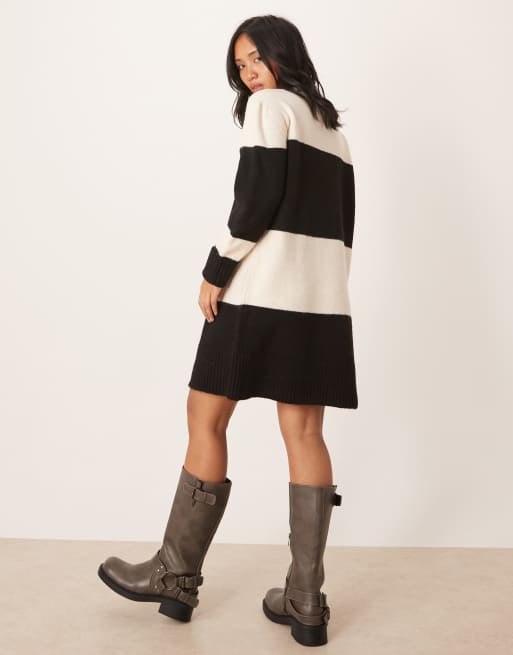 Vila Petite colour blocking knitted mini dress in black and cream    , 4 of 4