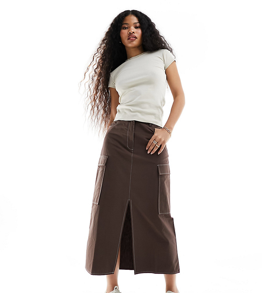 Vila Petite contrast stitch cargo skirt in brown