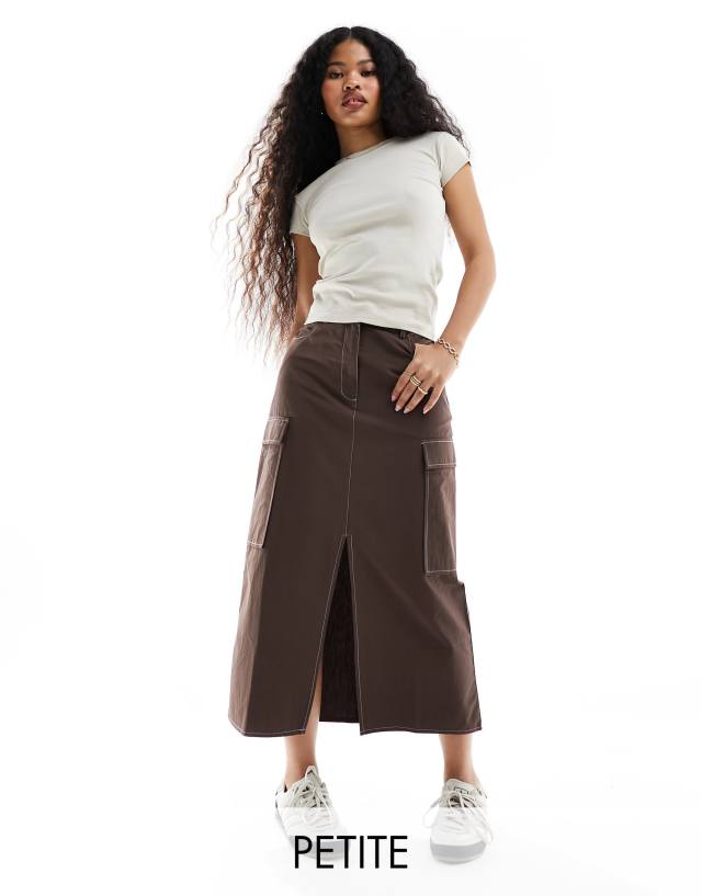 Vila Petite - contrast stitch cargo skirt in brown