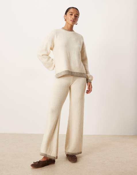 VILA Petite contrast trim knitted wide leg pants in cream (Part of a set) - view 1