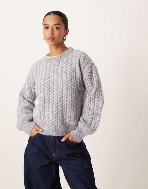 Vila Petite diagonal stitch knit sweater in medium heather gray - view 1