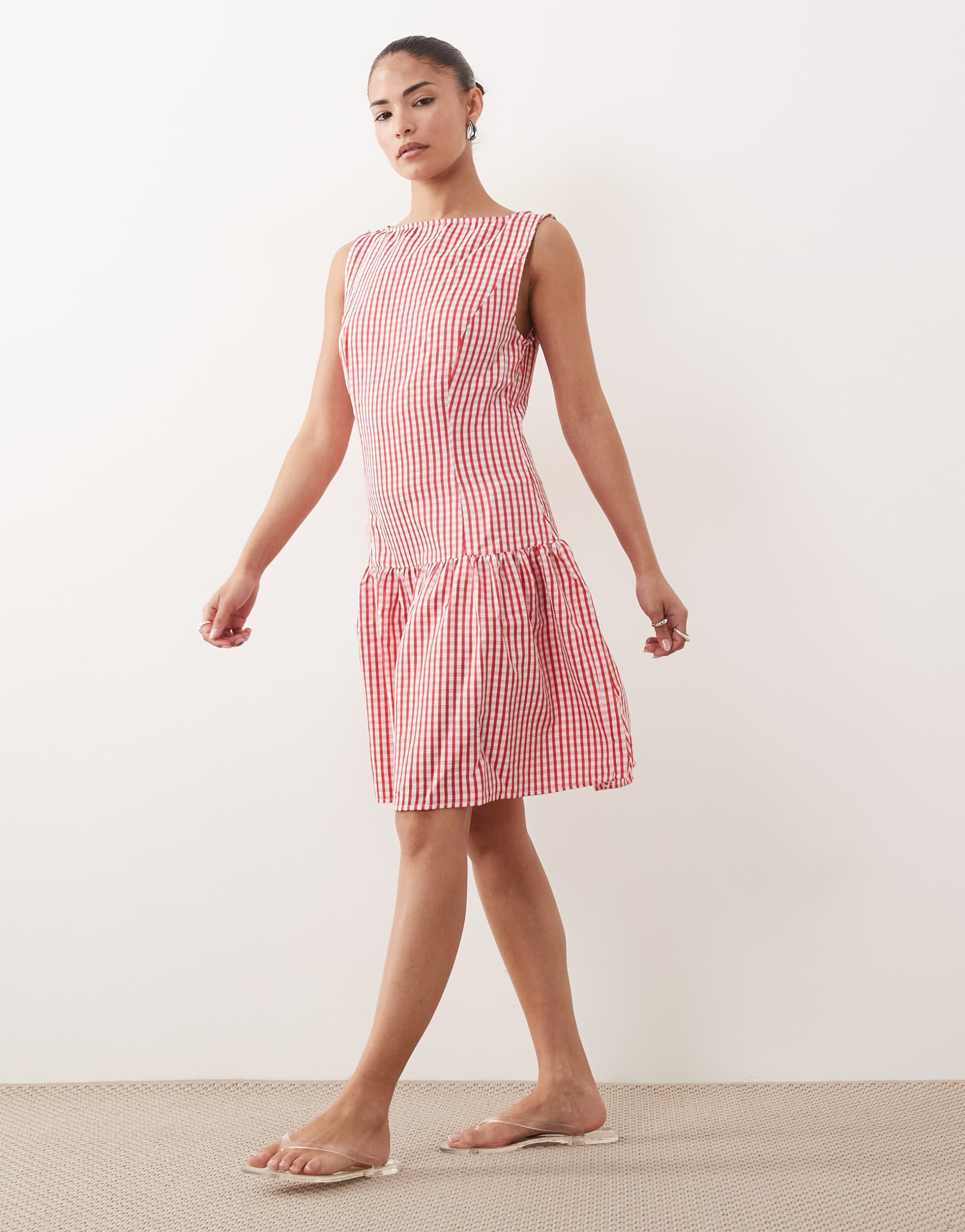 vila petite drop waist ginham mini dress in red and white