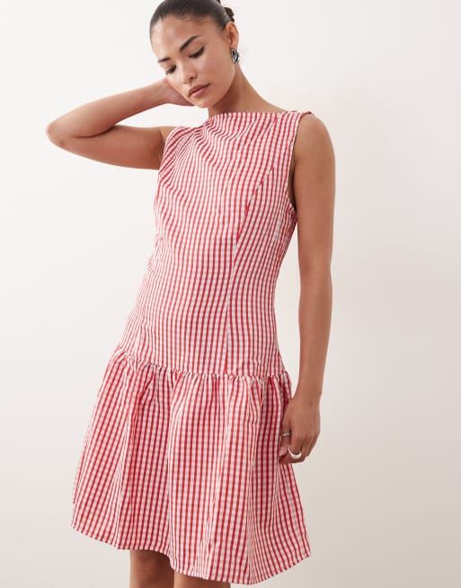 Vila Petite drop waist ginham mini dress in red and white, 2 of 4
