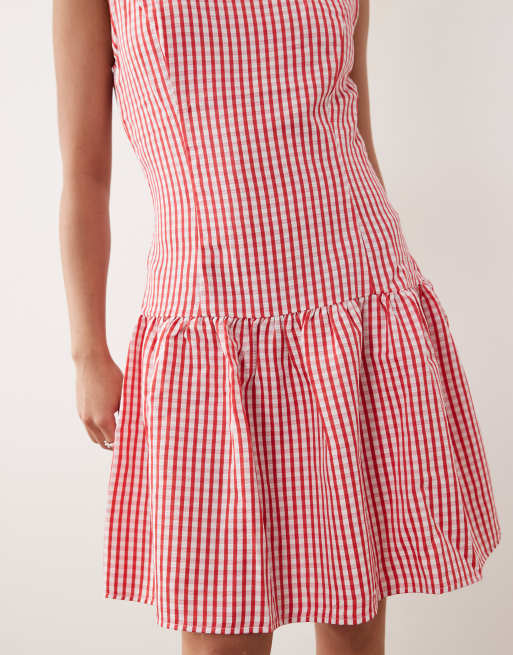 Vila Petite drop waist ginham mini dress in red and white, 3 of 4