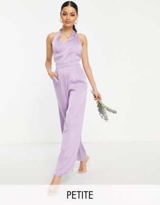 Vila Petite Exclusive Bridesmaid jumpsuit in purple satin - ASOS Price Checker