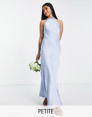 Vila Petite Exclusive Bridesmaid satin halter neck maxi dress in light blue