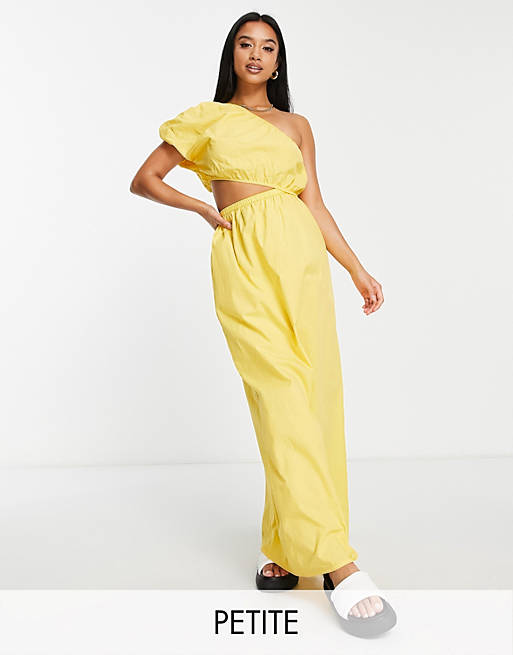Vila Petite Exclusive one shoulder midi dress with cut out in yellow