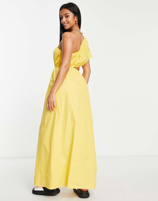 Vila Petite Exclusive one shoulder midi dress with cut out in yellow