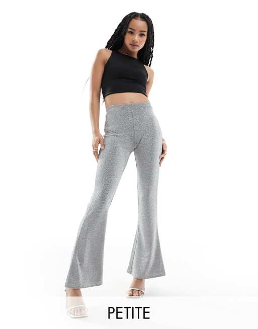 Vila Petite flare glitter pants in silver