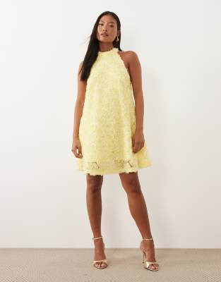 Vila Petite Floral Jacquard Halter Neck Mini Dress In Yellow