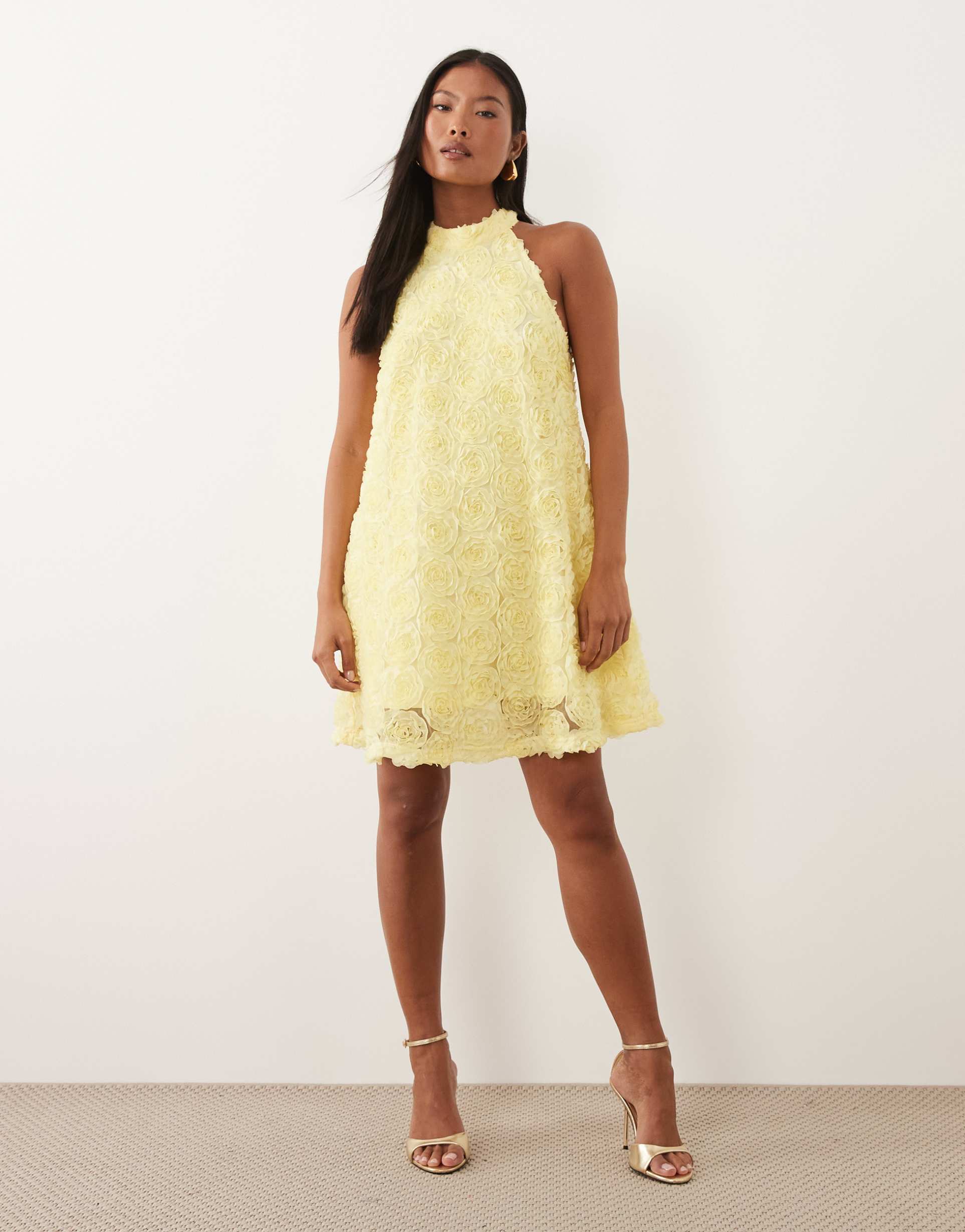 vila petite floral jacquard halter neck mini dress in pastel yellow