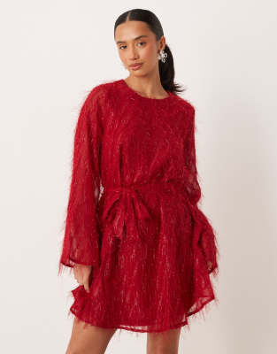 VILA Petite fluffy textured tie waist mini dress in red