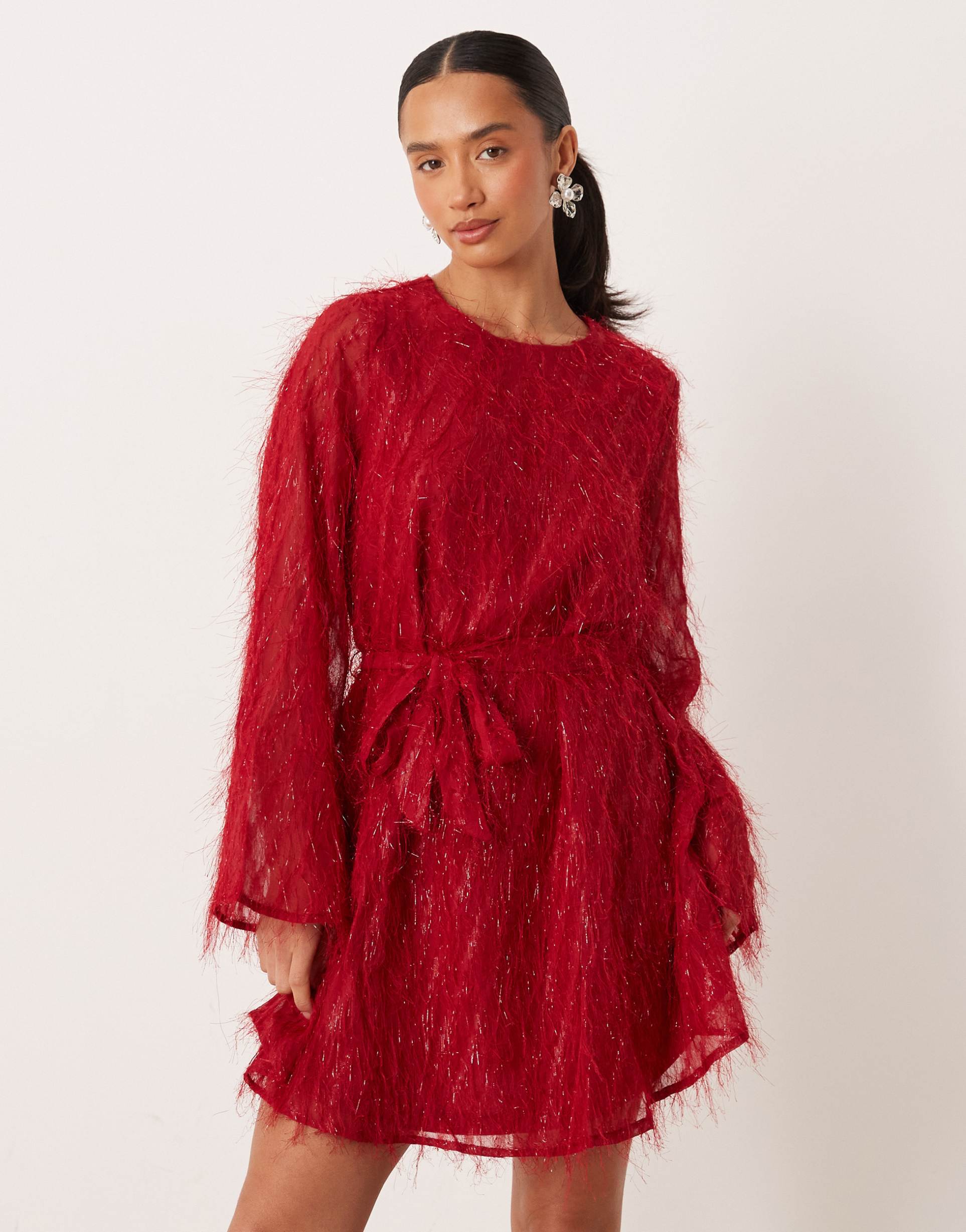 vila petite fluffy textured tie waist mini dress in red