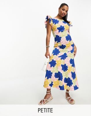 Vila Petite frill shoulder maxi dress in bright floral-Multi