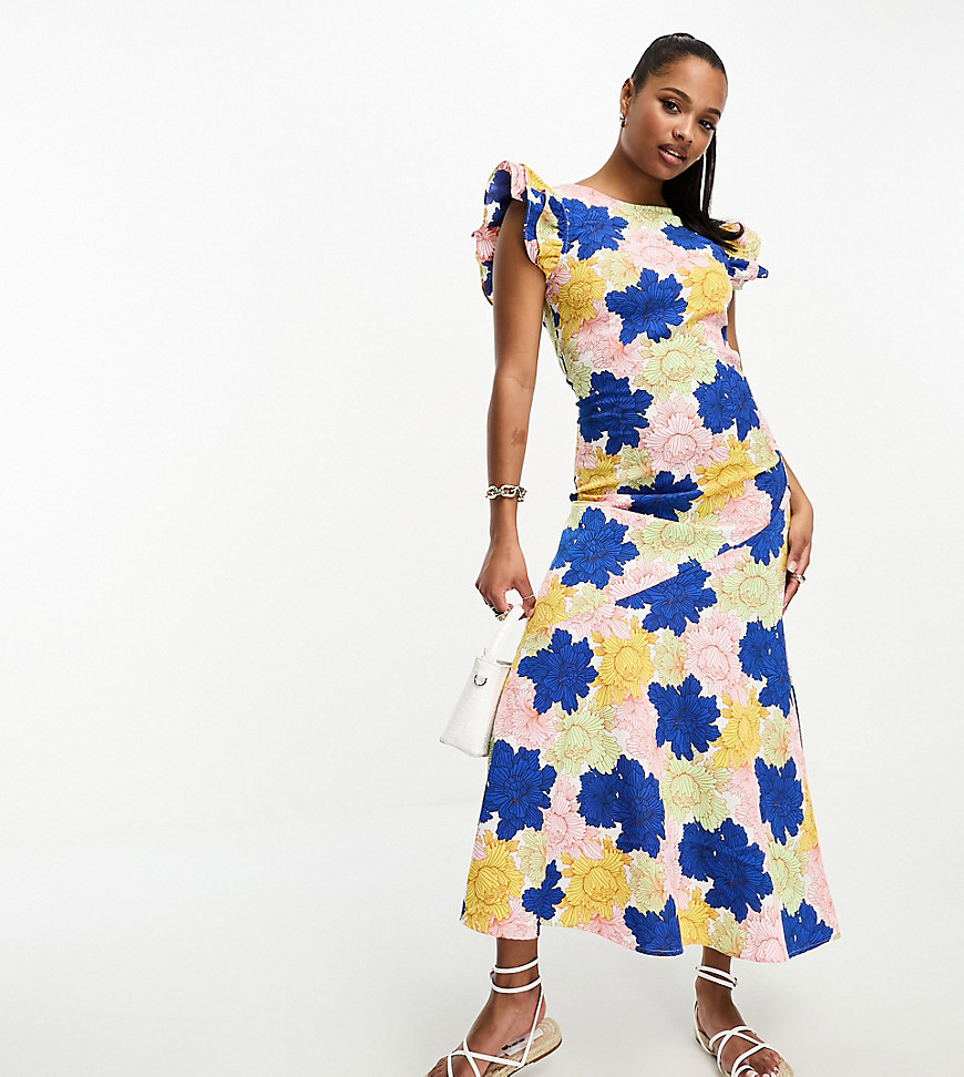 Vila Petite frill shoulder maxi dress in bright floral-Multi