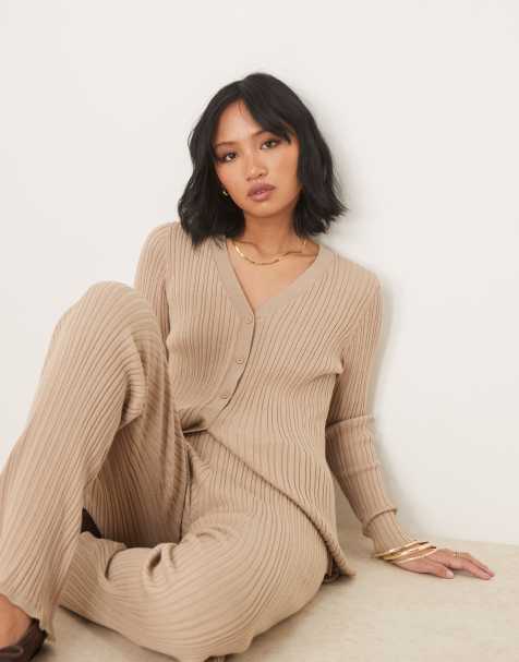 VILA Petite – Gerippte Longline-Strickjacke in Hellbraun, Kombiteil - view 1