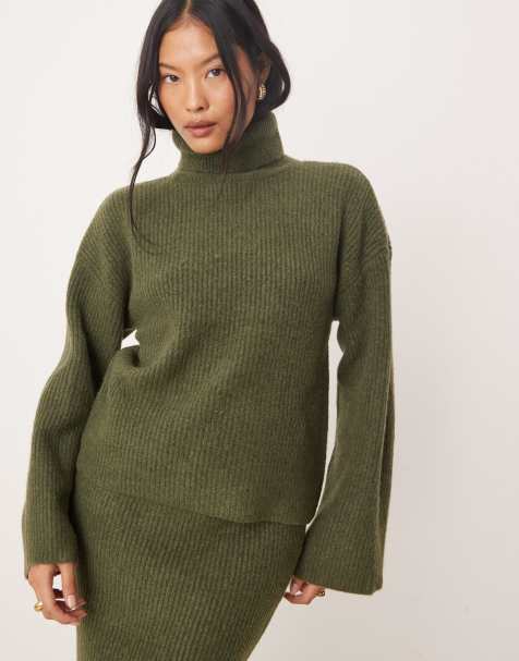 VILA Petite – Gestrickter Rollkragenpullover in Khaki, Kombiteil - view 1