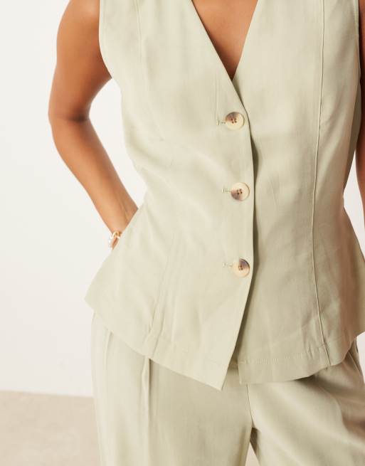 VILA Petite - Gilet de tailleur d'ensemble habillé avec liens à la taille - Vert sauge, 2 de 4